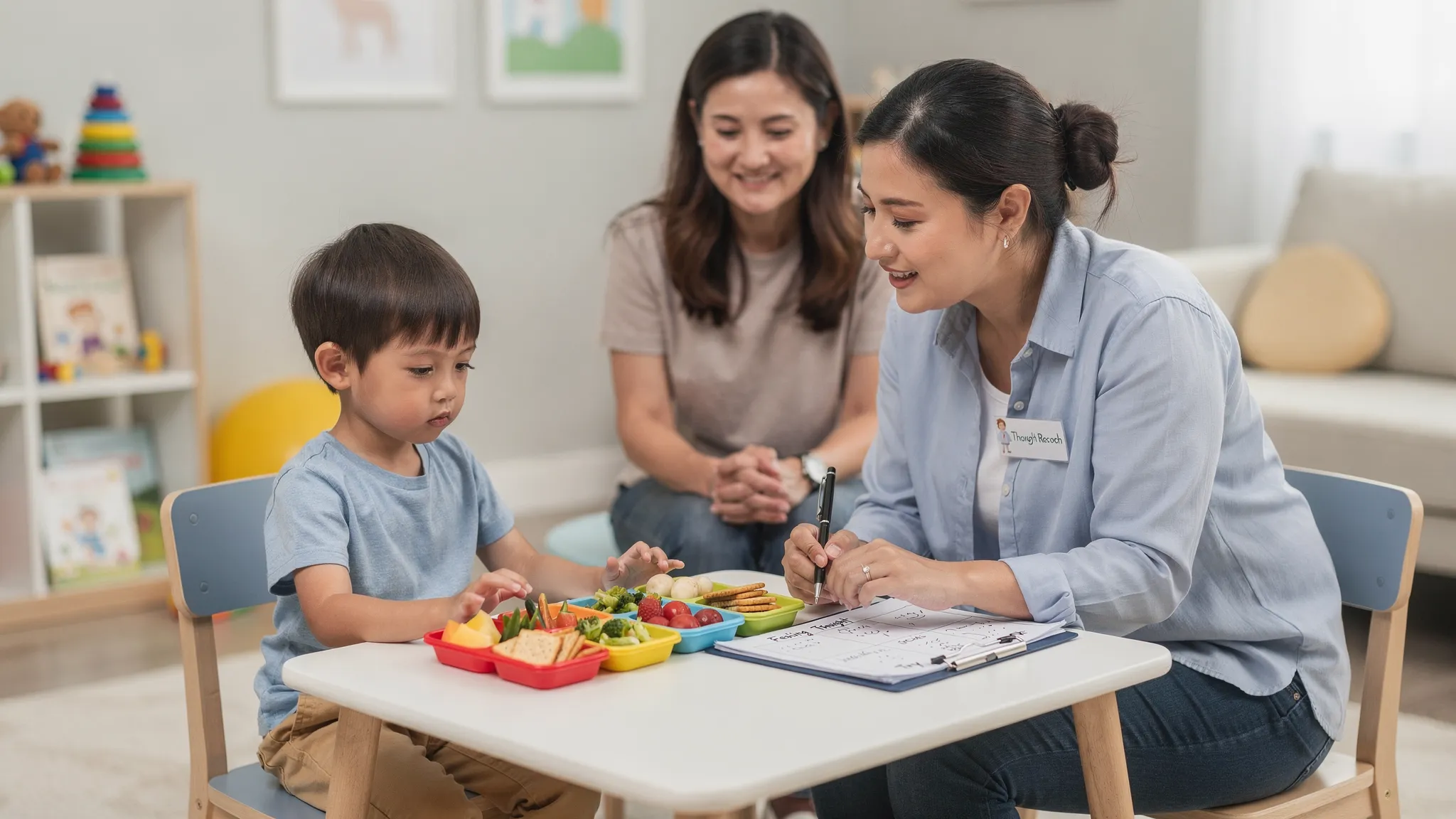 A child and therapist seated at a small table during a feeding therapy session, exploring a colorful tasting tray with tiny bites of new foods; the therapist guides the child through a simple thought record on a clipboard while the parent observes supportively.