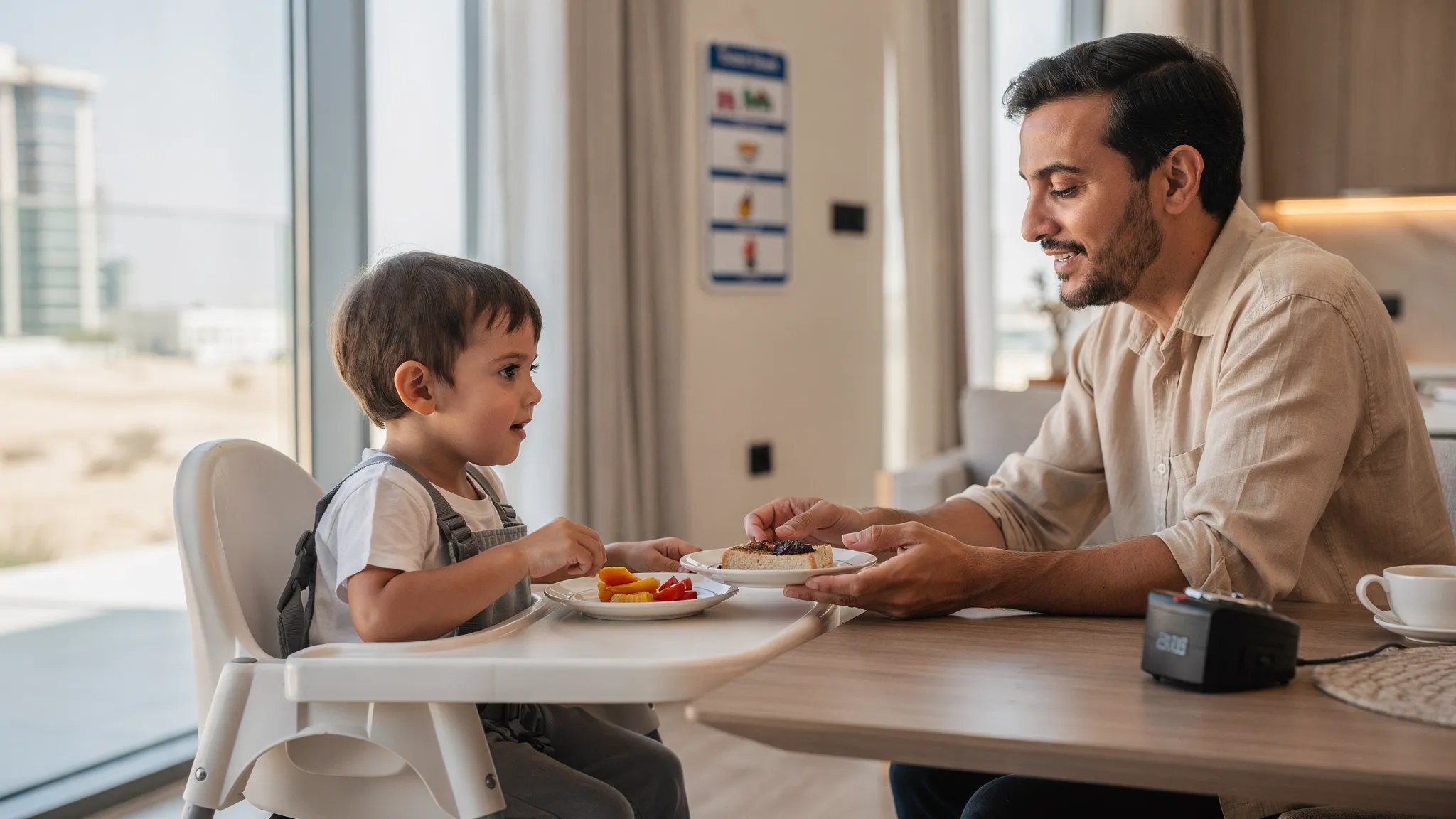 A family mealtime scene at home in Dubai. A toddler sits in a high chair with foot support while a parent presents two small plates with a preferred food and a new learning food. The environment looks calm with a visual schedule on the wall and a timer on the table.